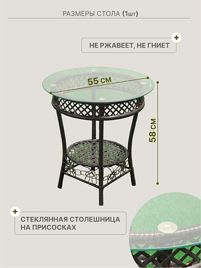Мебель садовая Отдых, коричневая, стол, 55х55х58 см, 2 кресла, 100 кг, Y6-1801
