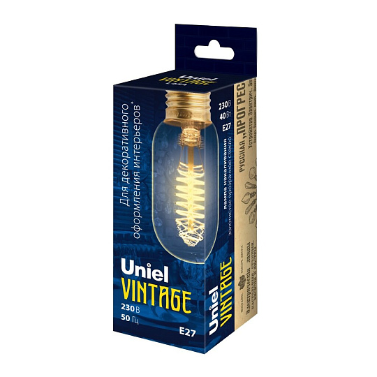 Лампа накаливания E27, 40 Вт, цилиндрическая, форма нити CW, Uniel, Vintage, UL-00000486