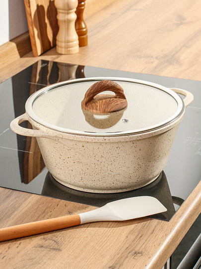 Кастрюля алюминий, антипригарное покрытие, 3 л, крышка стекло, Гурман, Estima, ГМк303 ЭБИ, бежевая, индукция