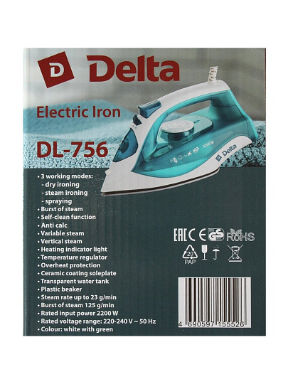 Утюг Delta, DL-756, 2200 Вт, керамика, антинакипь, 1.8 м, белый с зеленым