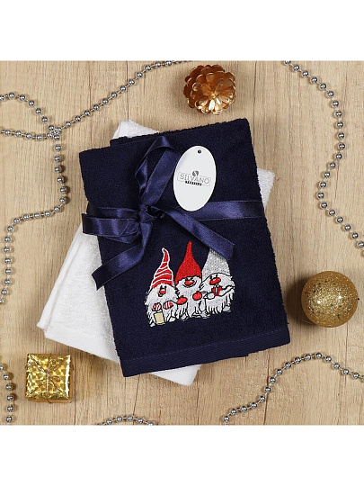 Набор полотенец кухонных 2 шт, 40х60 см, махровый, 100% хлопок, Silvano, Зимнее настроение Гномики, синий, Турция