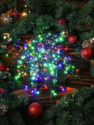 Гирлянда 300 ламп, 15 м, 8 режимов, свет мультиколор, зеленая, в помещении, сетевая, LED