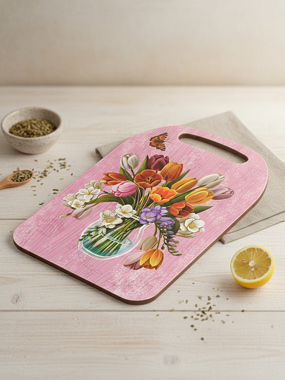 Доска разделочная дерево, 29х21х0.6 см, с ручкой, розовая, прямоугольная, Цветы в вазе, К-288