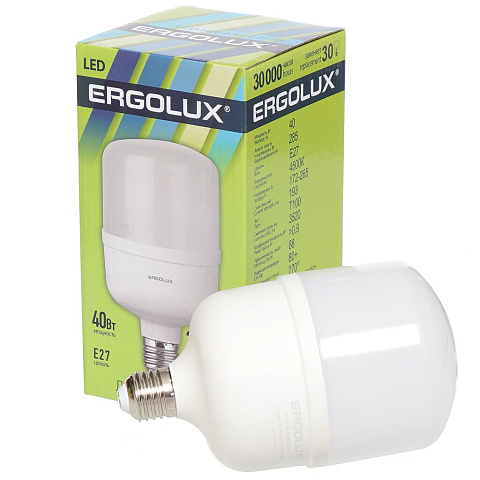 Лампа светодиодная E27, 40 Вт, 285 Вт, цилиндрическая, 4500 К, свет холодный белый, Ergolux
