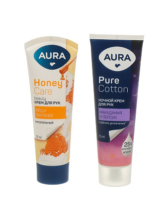 Набор подарочный для женщин, Aura, Pure Cotton, крем для рук питательный, 75 мл + крем для рук ночной, 75 мл