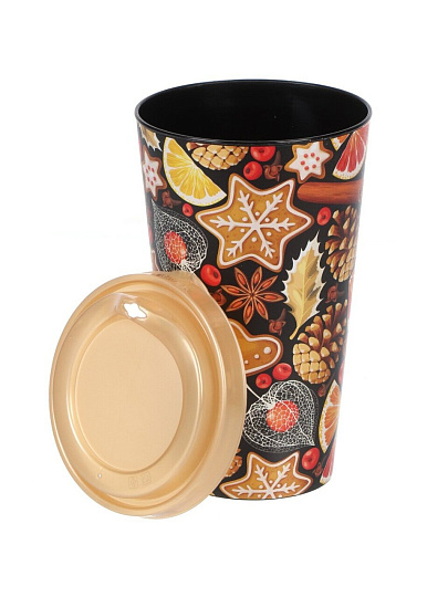 Стакан 550 мл, пластик, IZI-GO, Рождество, с золотой крышкой, с декором, 6138/01