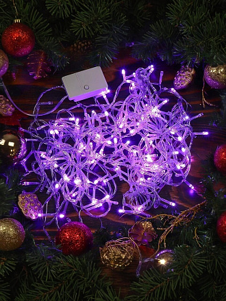 Гирлянда 200 ламп, 10 м, 8 режимов, фиолетовый, прозрачная, в помещении, сетевая, LED