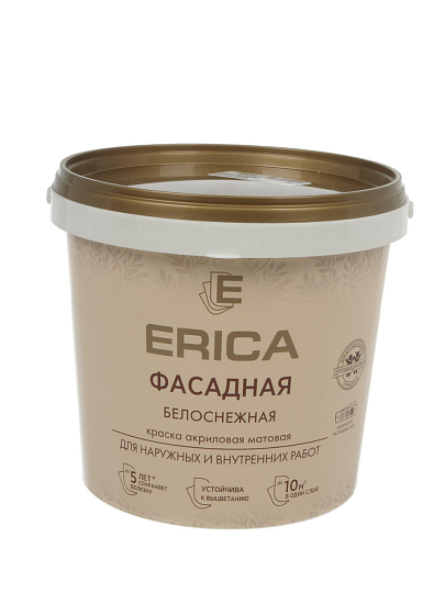 Краска водно-дисперсионная, Erica, акриловая, фасадная, моющаяся, влагостойкая, матовая, белая, 1.4 кг