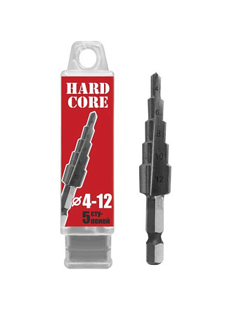 Сверло по металлу, шаговое, Hardcore, 4-12 мм (5 ступ.), шестигранник, 142412