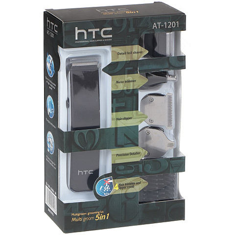 Машинка для стрижки HTC, АТ-1201 5 в 1, аккумуляторная, в ассортименте, 400 mAh, бесшумный DC - мотор