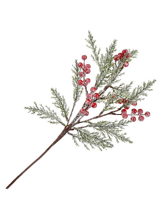 Ветка декоративная 44 см, еловая, заснеженная, с декором, Y4-8516