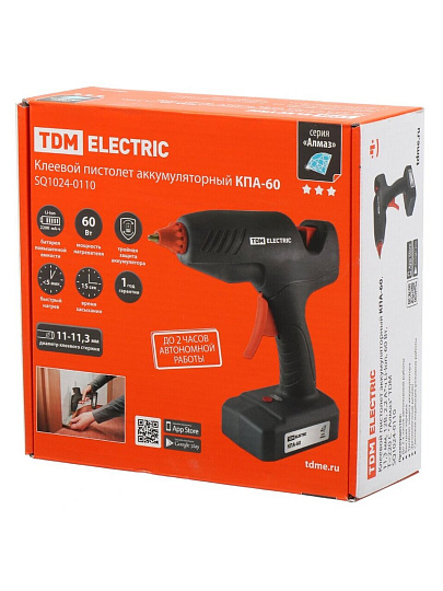 Электропистолет клеевой 11.3 мм, 60 Вт, 20 г/мин, 12В, 2,2 А*ч Li-Ion, TDM Electric, КПА-60 Алмаз, SQ1024-0110