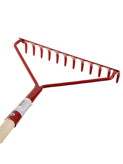 Грабли прямые, 12 зуб, металл, 34 см, с выносной тулейкой, садовые, черенок деревянный