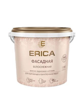 Краска водно-дисперсионная, Erica, акриловая, фасадная, моющаяся, влагостойкая, матовая, белая, 6.5 кг