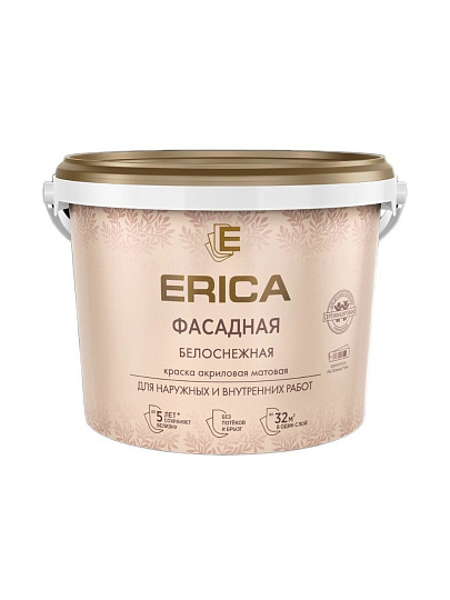 Краска водно-дисперсионная, Erica, акриловая, фасадная, моющаяся, влагостойкая, матовая, белая, 4.5 кг