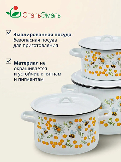Набор посуды эмалированная сталь, 3 предмета, кастрюли 1.5, 2.9, 4.5 л, индукция, СтальЭмаль, Пчелы, 1с33