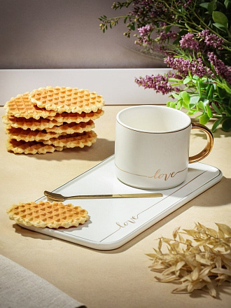 Чайная пара керамика, 3 предмета, на 1 персону, 200 мл, Лав стори голубой отвод, Y6-10243, белая