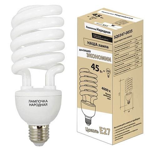 Лампа энергосберегающая E27, 45 Вт, свет холодный, TDM Electric, Народная НЛ-HS, SQ0347-0035