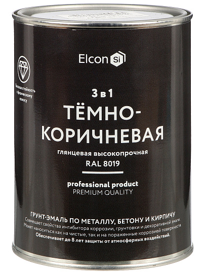 Грунт-эмаль Elcon, 3в1 глянцевая, по ржавчине, алкидная, темно-коричневая, RAL 8019, 0.8 кг