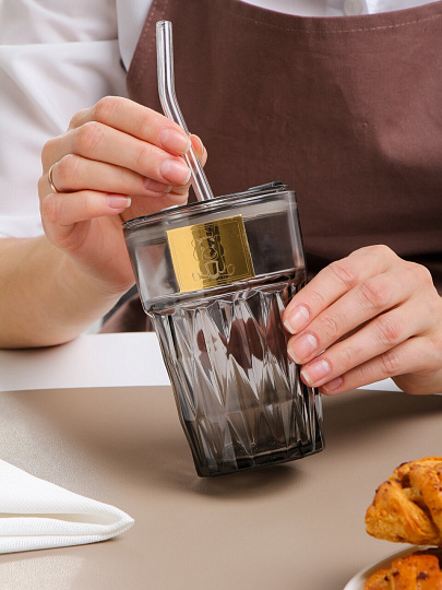 Стакан 450 мл, стекло, Smoke, с трубочкой, B060525