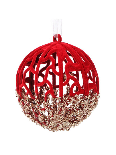 Елочное украшение Шар, красный с золотом, 8 см, пластик, флок, Y4-9459