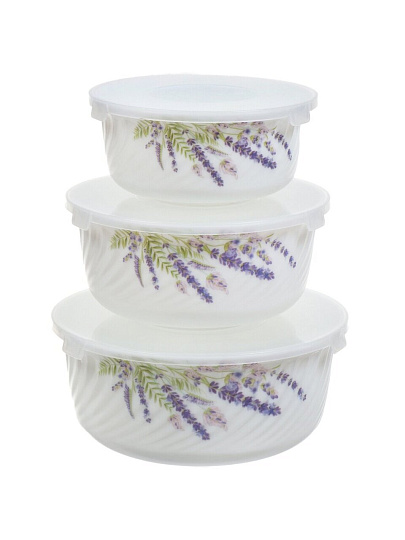 Салатник стеклокерамика, круглый, 3 шт, 9 см, 14, 16, 19 см, 0.5, 0.8, 1.4 л, с крышкой, Лаванда, Daniks, HDW3T-P