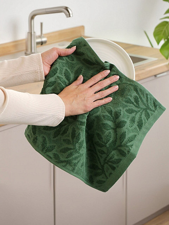 Набор полотенец кухонных 2 шт, 30х50 см, махровый, 100% хлопок, 400 г/м2, Silvano, Листья, зеленый, Узбекистан