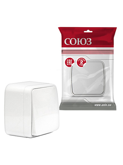 Выключатель открытой установки, одноклавишный, 10 А, пластик, белый, Союз, Электра, 0001