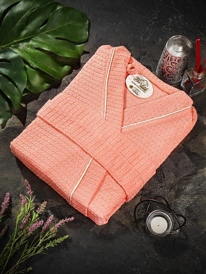 Халат женский, вафельный, 100% хлопок, пудровый персик, XL-XXL, 52-54, Barkas