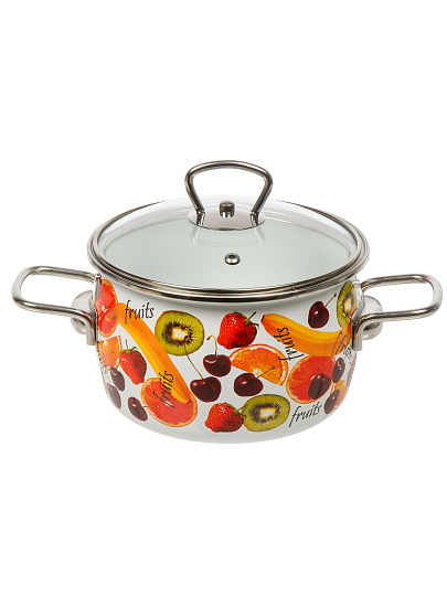 Кастрюля эмалированная сталь, 2 л, крышка сталь, петля, сферический, СтальЭмаль, Fruits, 1SC185S, белая, индукция