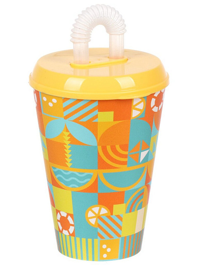 Стакан 420 мл, пластик, IZI-GO, Геометрия, с трубочкой, с крышкой, с декором, 0403/01