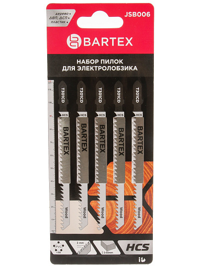 Набор пилок для электролобзика, Bartex, T301CD, по дереву, ДВП, ДСП, 5 шт, 10-65 мм, заостренные зубцы, удлиненные, JSB006