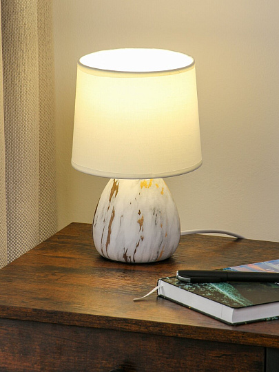 Светильник настольный E14, 40 Вт, белый с золотым, абажур белый, Rivoli, Damaris, D7037-501, керамика