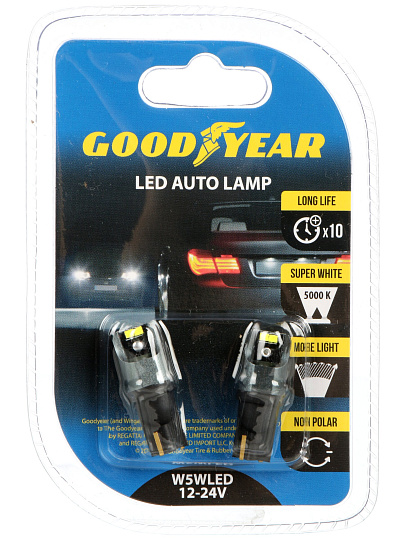 Лампа автомобильная Goodyear, W5WLED, GY012021, W5WLED 12-24V, 2 шт, светодиодная