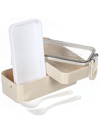 Контейнер пищевой пластик, 8х20х11 см, бежевый, прямоугольный, трехуровневый с приборами, Y4-6464-2