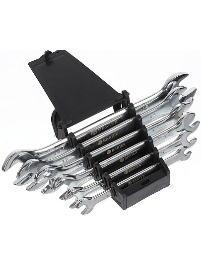 Набор ключей рожковый, 6 предметов, Bartex, 6-17 мм, хромированный зеркальный, CrV сталь, держатель