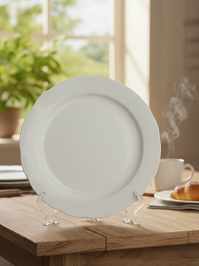 Тарелка обеденная, фарфор, 24 см, круглая, Вырезной край Белая, Дулевский фарфор, 02117
