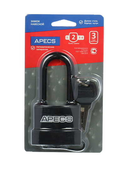 Замок навесной Apecs, PDR-50-55-L, блистер, цилиндровый, с удлиненной дужкой, 3 ключа