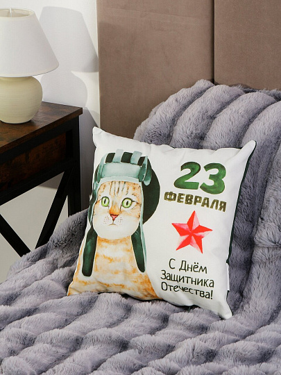 Подушка декоративная, 40х40 см, 23 Февраля, Кот, 100% полиэстер