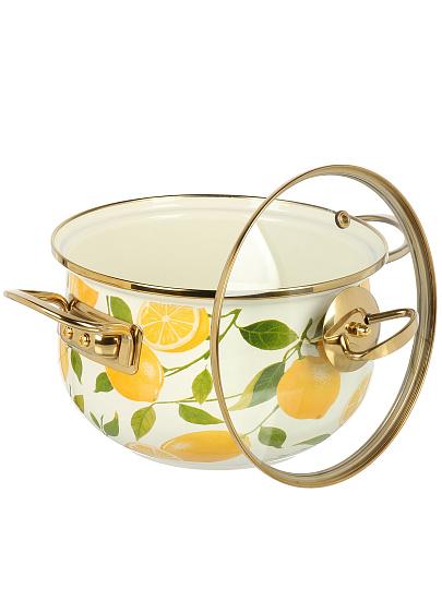 Кастрюля эмалированная сталь, 2.7 л, крышка стекло, Daniks, Лимоны, индукция