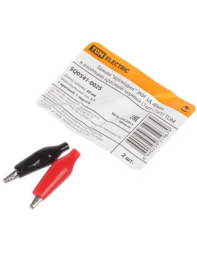 Зажим ЗКИ, крокодил, красный, черный, в изоляции, 3А, 1шт+1шт, 40 мм, TDM Electric, SQ0541-0025