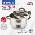 Кастрюля нержавеющая сталь, 3.9 л, с крышкой, крышка стекло, Daniks, Нара, GS-01413HY-20CA-2, серебристая, индукция
