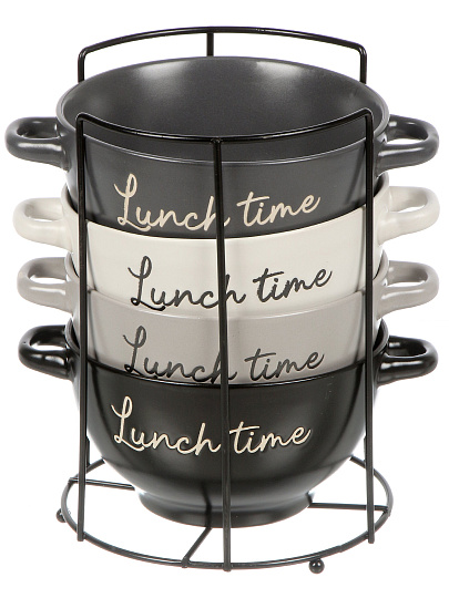 Бульонница керамика, 4 шт, 650 мл, с ручкой, металлическая подставка, Время ланча, ТМ Глория, 202427