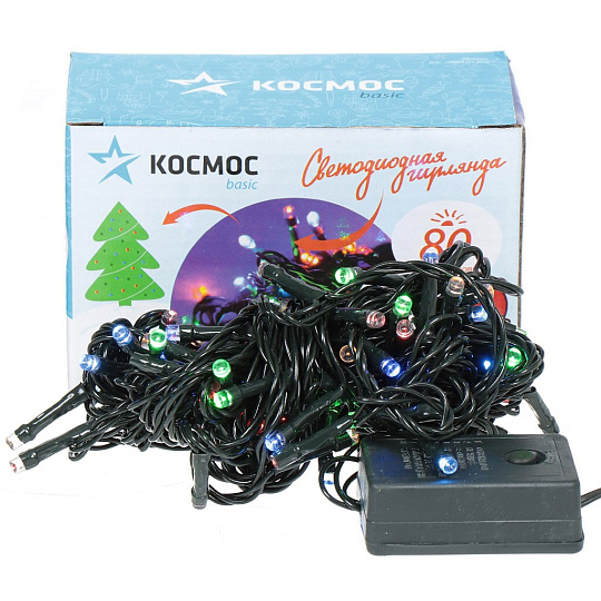 Гирлянда 80 ламп, 8.8 м, 8 режимов, Космос, свет мультиколор, черная, в помещении, сетевая, светодиодная, мигание, KOC_GIR80LED_RGB