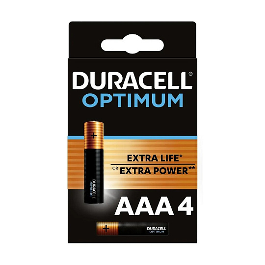 Батарейка Duracell, ААА (LR03, 24A), Optimum, щелочная, 1.5 В, 4 шт, 5014062, Б0056021