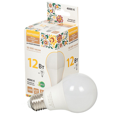 Лампа светодиодная E27, 12 Вт, 95 Вт, груша, 4000 К, свет холодный белый, TDM Electric, Народная