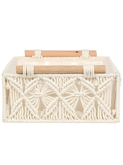 Корзина 3 шт, прямоугольная, плетеная, хлопок, металл, белая, с деревянными ручками, 34х24х10 см, 2 шт 15х20х9 см, Y4-9682