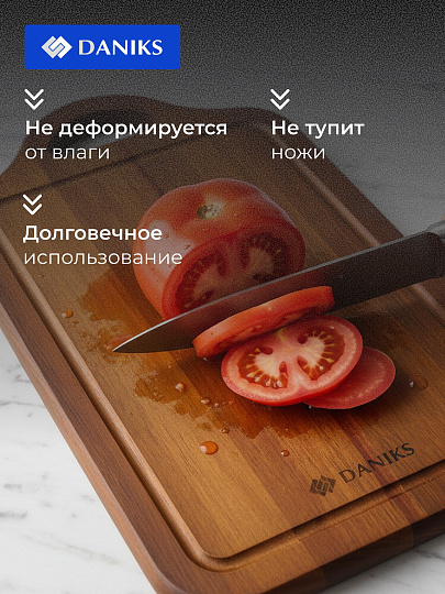 Доска разделочная акация, 39х25х1.5 см, с ручкой, прямоугольная, Daniks, CB14539A