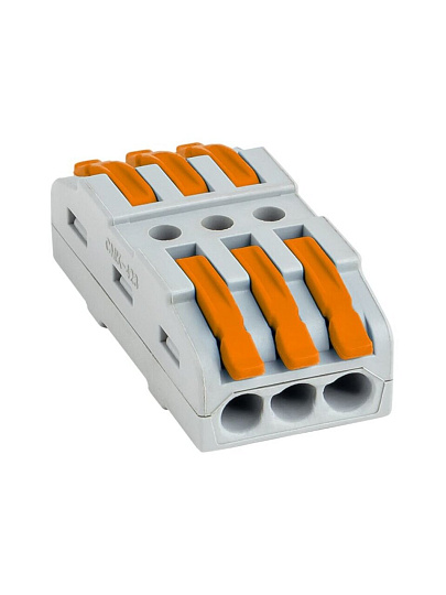 Клемма СМК 222-423P, соединительная проходная, 3 отверстия, пластик, серая, с монтажной площадкая, 0.08-4 мм², Rexant, 07-6263