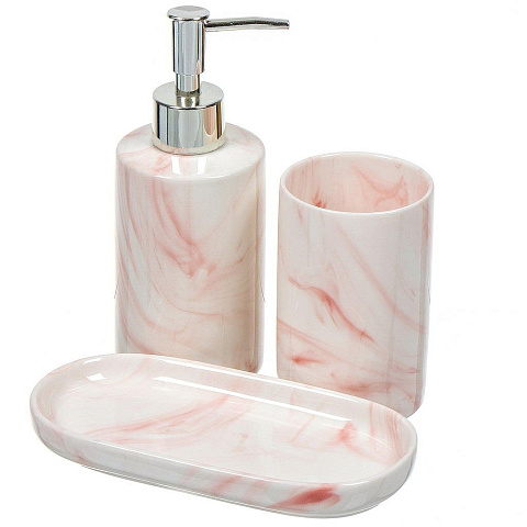 Набор для ванной 3 предмета, Дизайн, розовый, керамика, мыльница, дозатор для мыла, стакан, PU091104